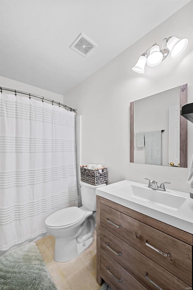 full bath featuring visible vents, toilet, a shower with curtain, tile patterned flooring, and vanity