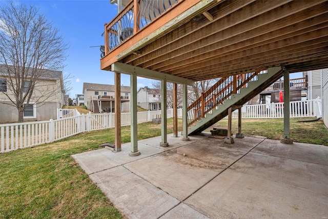 view of patio / terrace with a fenced backyard and stairs