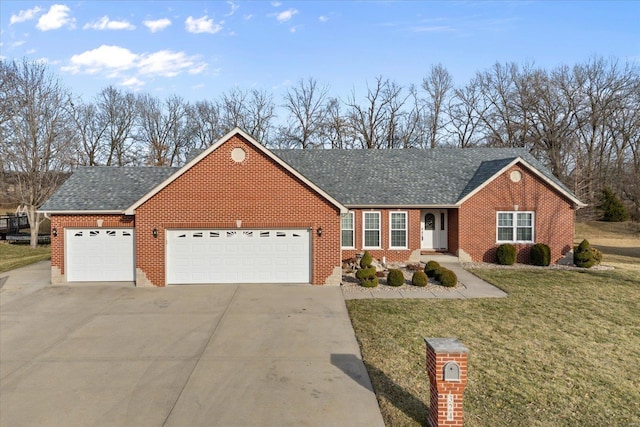 ranch-style house with driveway, a garage, roof with shingles, a front lawn, and brick siding