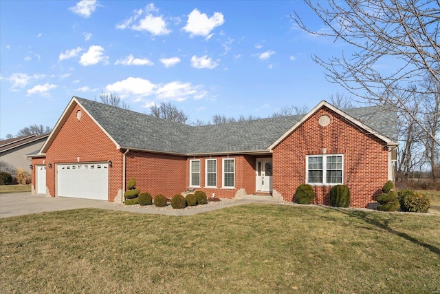 ranch-style home with a garage, brick siding, driveway, roof with shingles, and a front yard