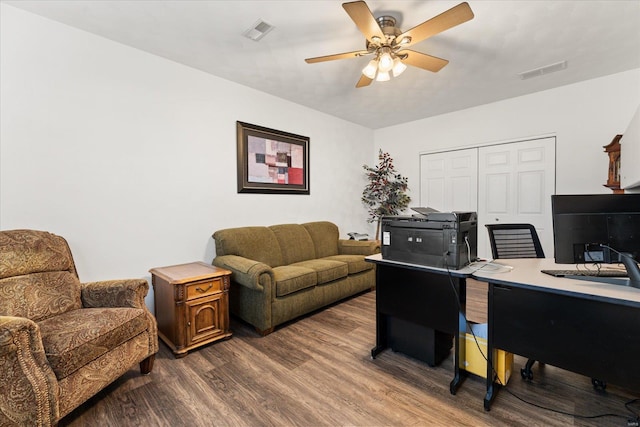 home office featuring ceiling fan, dark wood finished floors, and visible vents