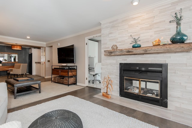 living area featuring a large fireplace, ornamental molding, wood finished floors, and baseboards