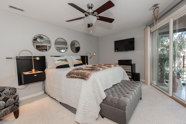 bedroom featuring carpet, visible vents, a ceiling fan, access to outside, and baseboards