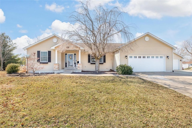 single story home featuring a front lawn, concrete driveway, and an attached garage