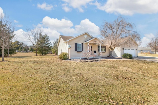 single story home featuring a garage, concrete driveway, and a front yard