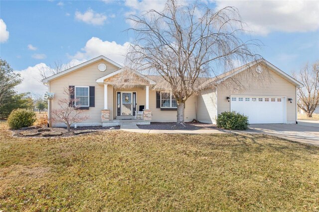 single story home with an attached garage, driveway, and a front yard