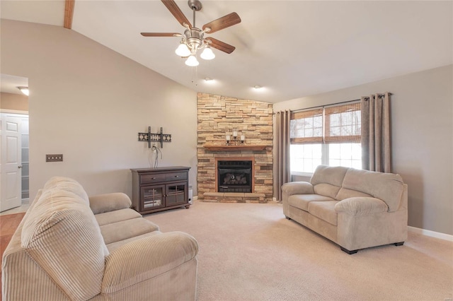 living room with baseboards, a ceiling fan, lofted ceiling, carpet floors, and a fireplace