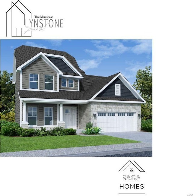 view of front facade with stone siding, a front yard, concrete driveway, and an attached garage