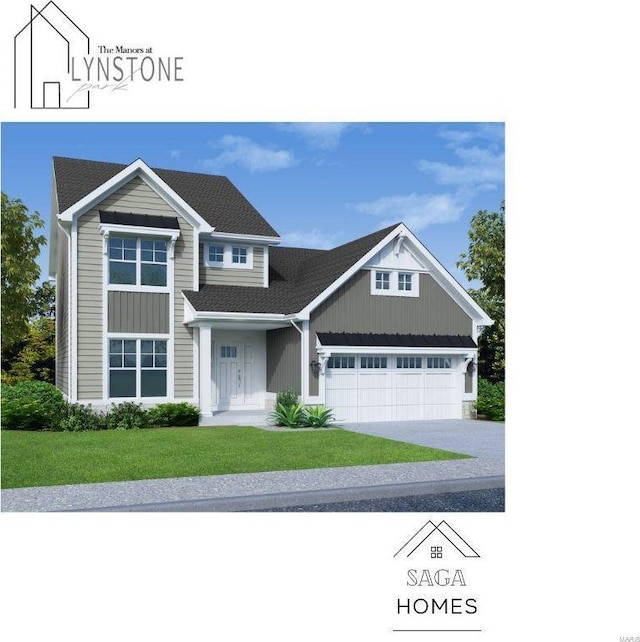 view of front of property featuring board and batten siding, a front lawn, an attached garage, and driveway