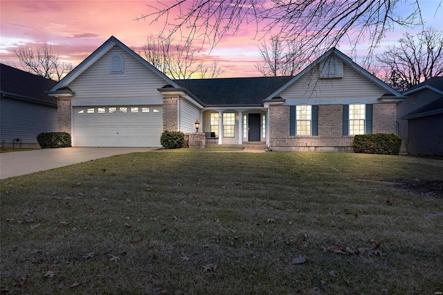 single story home with a garage, concrete driveway, and brick siding