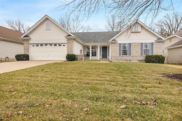 ranch-style house featuring an attached garage, brick siding, concrete driveway, roof with shingles, and a front lawn