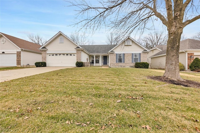 ranch-style home featuring a garage, a front yard, brick siding, and driveway