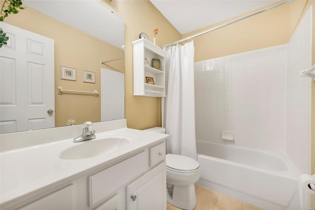 bathroom with tile patterned flooring, shower / bathtub combination with curtain, vanity, and toilet