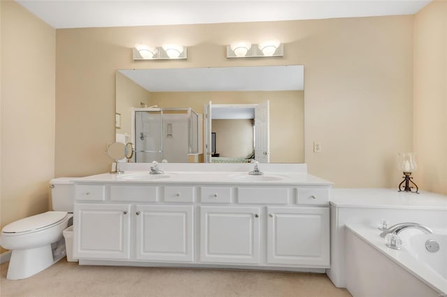 full bath featuring double vanity, a garden tub, a shower stall, and a sink