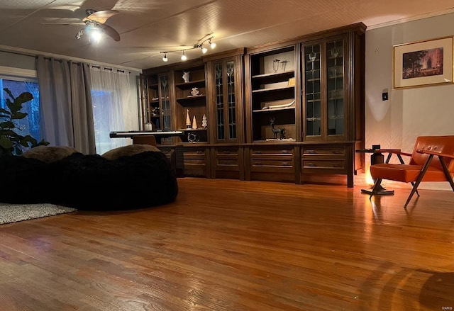 interior space with a ceiling fan and wood finished floors