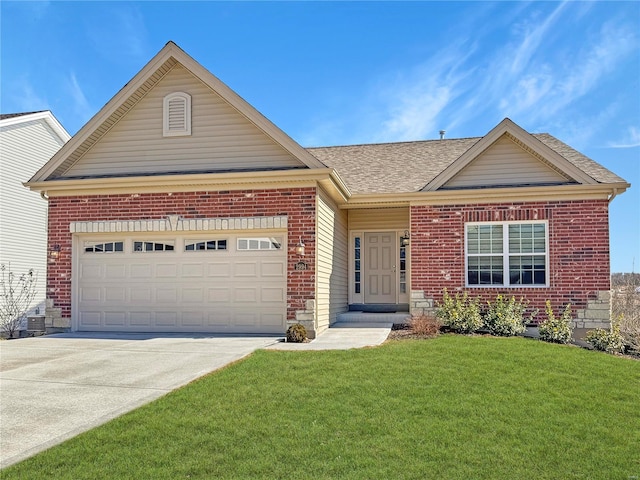 ranch-style home with brick siding, a shingled roof, a front yard, a garage, and driveway