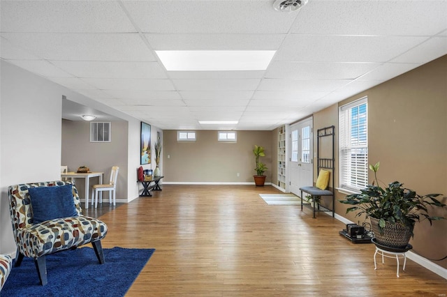 living area featuring plenty of natural light, light wood finished floors, a drop ceiling, and visible vents