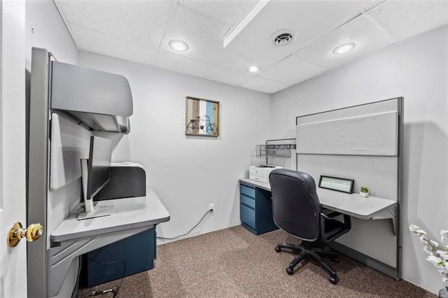 carpeted home office with a paneled ceiling, visible vents, and recessed lighting