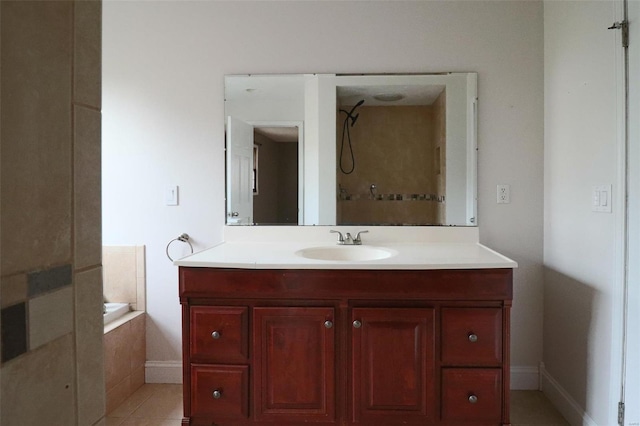 full bathroom with vanity, tile patterned floors, tiled tub, and a shower