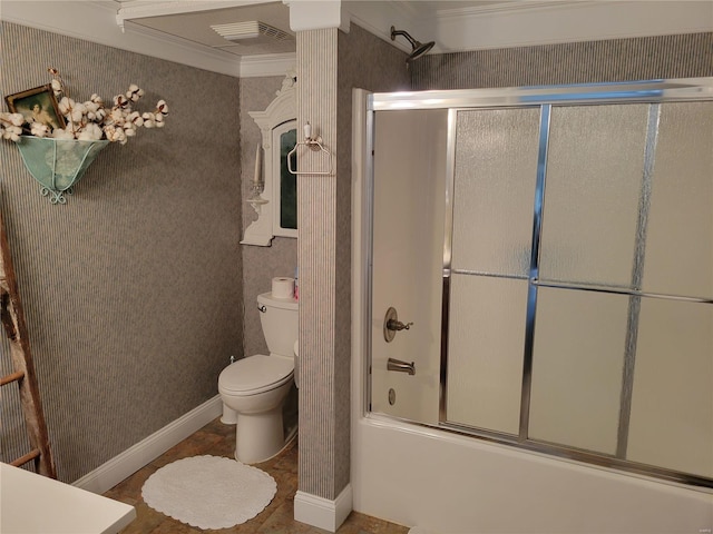 full bathroom with toilet, wallpapered walls, visible vents, and crown molding