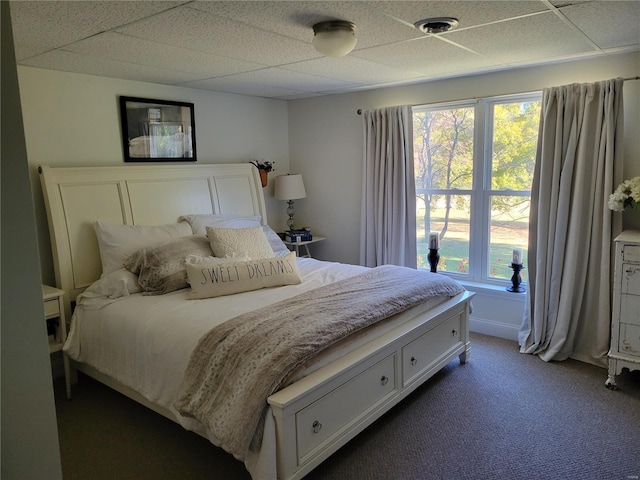 bedroom featuring carpet flooring and a drop ceiling