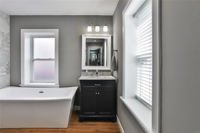 bathroom featuring a soaking tub, a healthy amount of sunlight, vanity, and wood finished floors