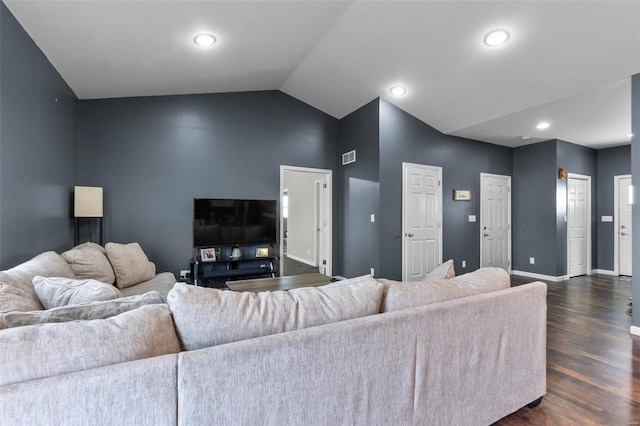 living area with lofted ceiling, recessed lighting, visible vents, baseboards, and dark wood-style floors