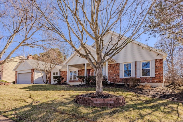 view of front facade with covered porch, brick siding, a front yard, and an outdoor structure