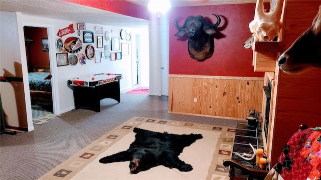 interior space featuring wooden walls, wainscoting, and a textured ceiling