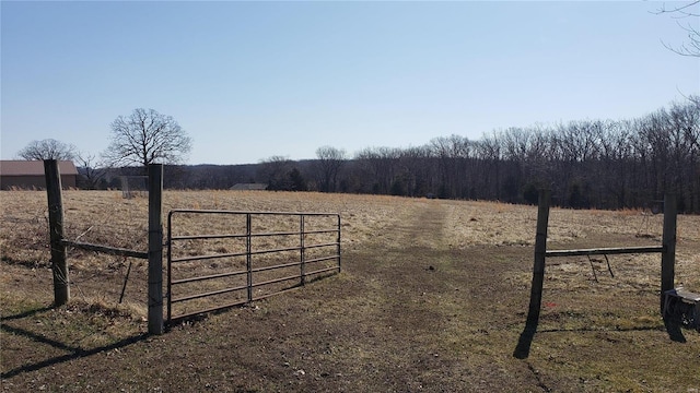 view of yard featuring a gate, a rural view, and fence