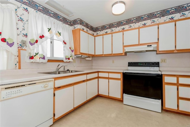 kitchen with white dishwasher, under cabinet range hood, a sink, light countertops, and electric range oven