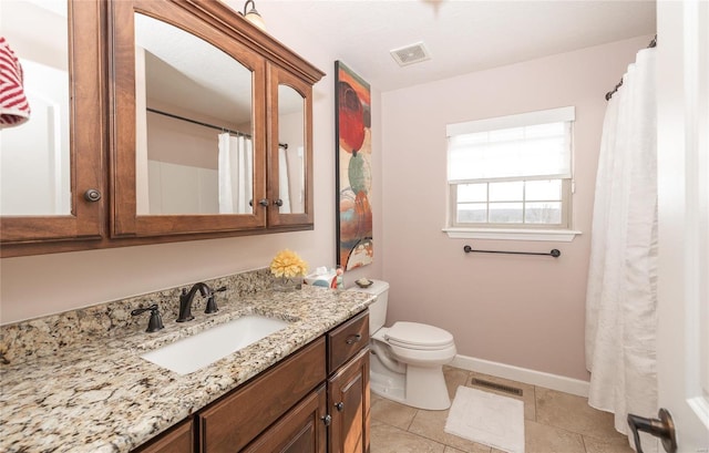 full bath with toilet, baseboards, visible vents, and vanity