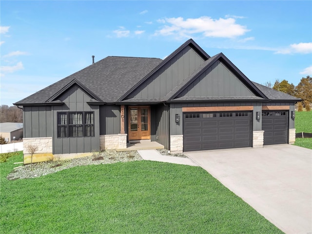 modern inspired farmhouse featuring french doors, a shingled roof, an attached garage, board and batten siding, and driveway