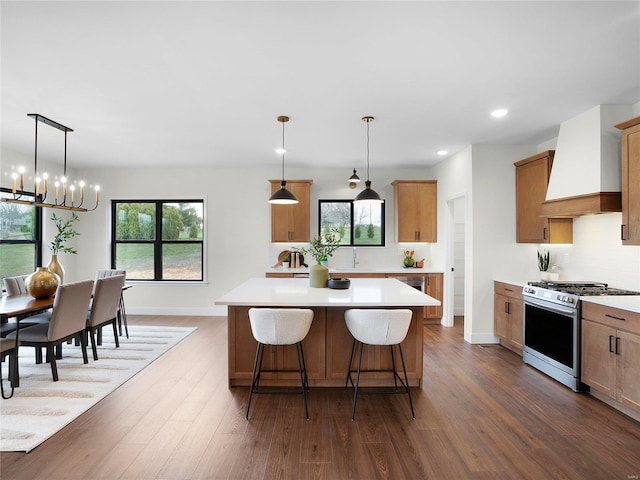 kitchen with light countertops, stainless steel range with gas cooktop, a center island, and custom range hood