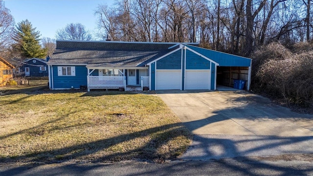 view of front of house featuring concrete driveway, an attached garage, covered porch, a front lawn, and a carport