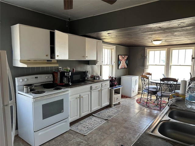 kitchen featuring white appliances, wooden ceiling, under cabinet range hood, white cabinetry, and a sink