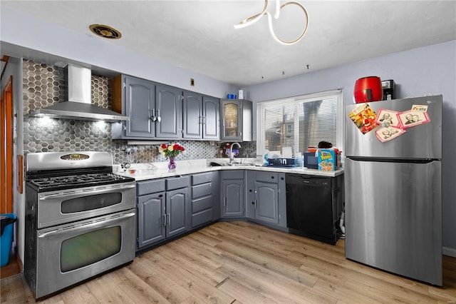 kitchen featuring gray cabinets, light wood-style flooring, appliances with stainless steel finishes, a sink, and wall chimney exhaust hood