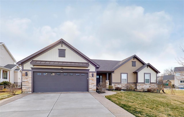 craftsman house featuring a garage, concrete driveway, stone siding, and a front yard