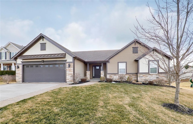 craftsman-style home with an attached garage, a standing seam roof, stone siding, driveway, and a front lawn