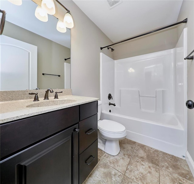 bathroom with visible vents, bathing tub / shower combination, toilet, tile patterned flooring, and vanity