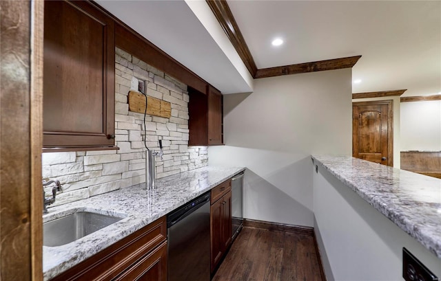 bar with tasteful backsplash, dark wood finished floors, dishwasher, crown molding, and a sink