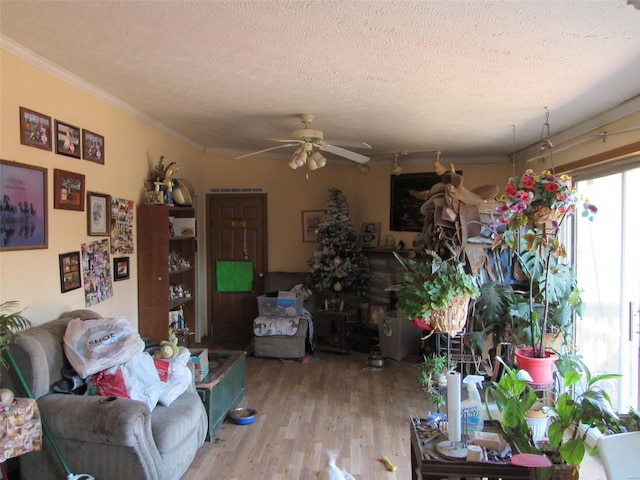 living area featuring ornamental molding, a ceiling fan, a textured ceiling, and wood finished floors