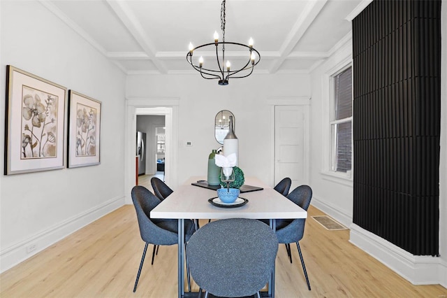 dining area featuring baseboards, coffered ceiling, and light wood-style floors