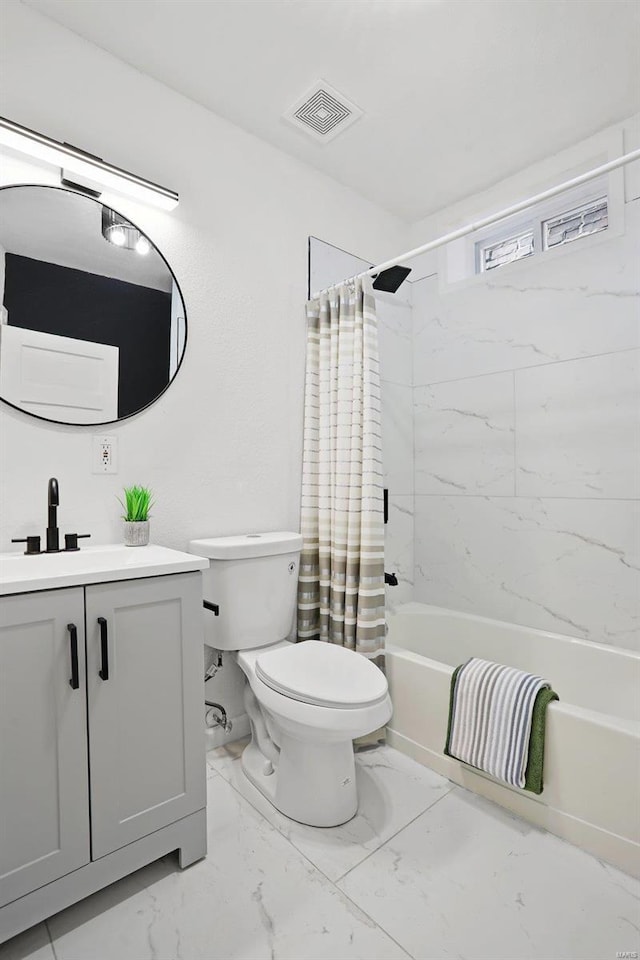 full bath with visible vents, toilet, marble finish floor, shower / bathtub combination with curtain, and vanity