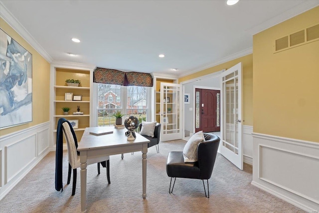 office area featuring built in shelves, french doors, carpet, and visible vents