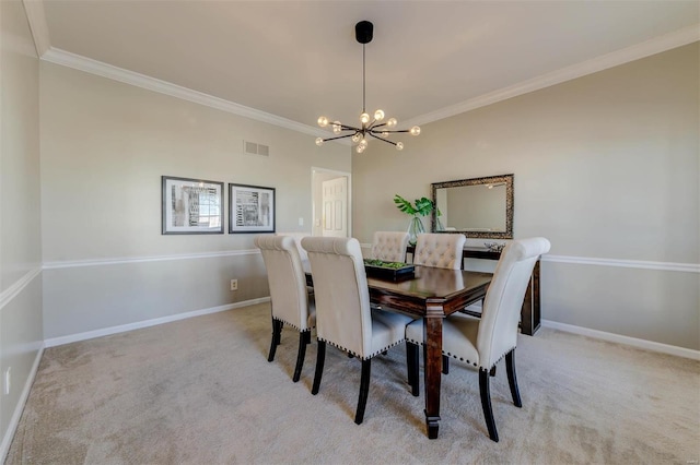 dining space with light colored carpet, crown molding, baseboards, and an inviting chandelier