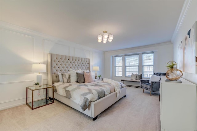 bedroom featuring light carpet and crown molding