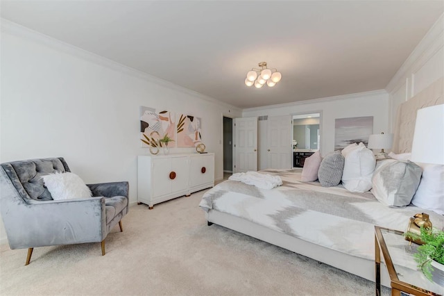 bedroom featuring light colored carpet and crown molding