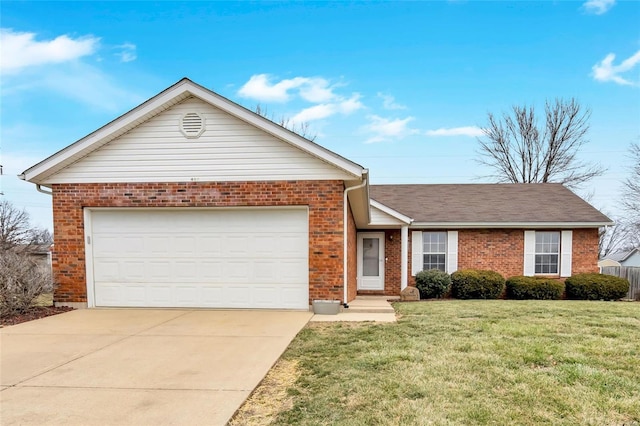 ranch-style home with concrete driveway, brick siding, an attached garage, and a front yard