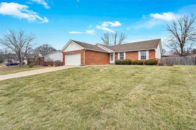 single story home with a garage, concrete driveway, brick siding, and fence